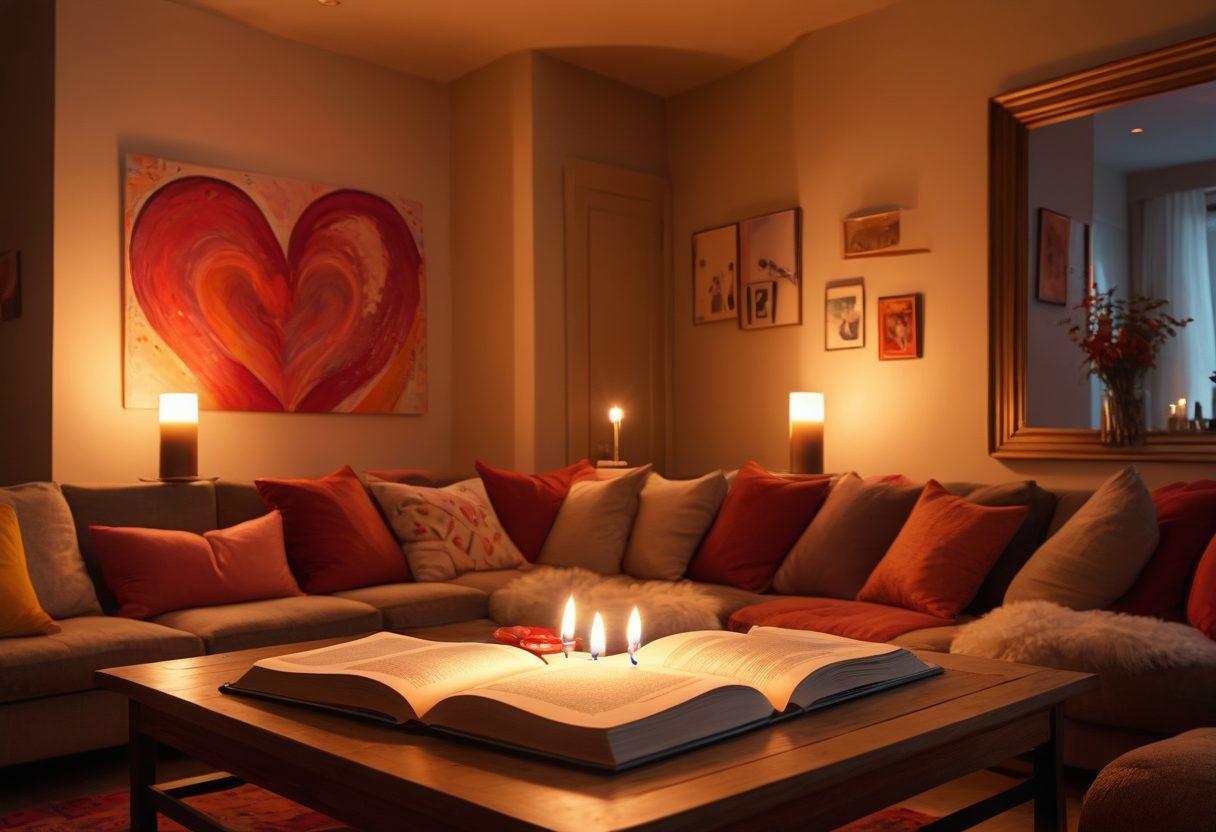 A diverse group of individuals engaging in intimate discussions around a cozy, inviting space, surrounded by symbols of love and desire like candles and heart shapes, conveying a sense of empowerment and connection. Soft warm lighting enhances the atmosphere, while playful elements like an open book on intimacy and well-being suggest exploration and knowledge. The background features abstract art that reflects passion and freedom. super-realistic. vibrant colors. warm tones.