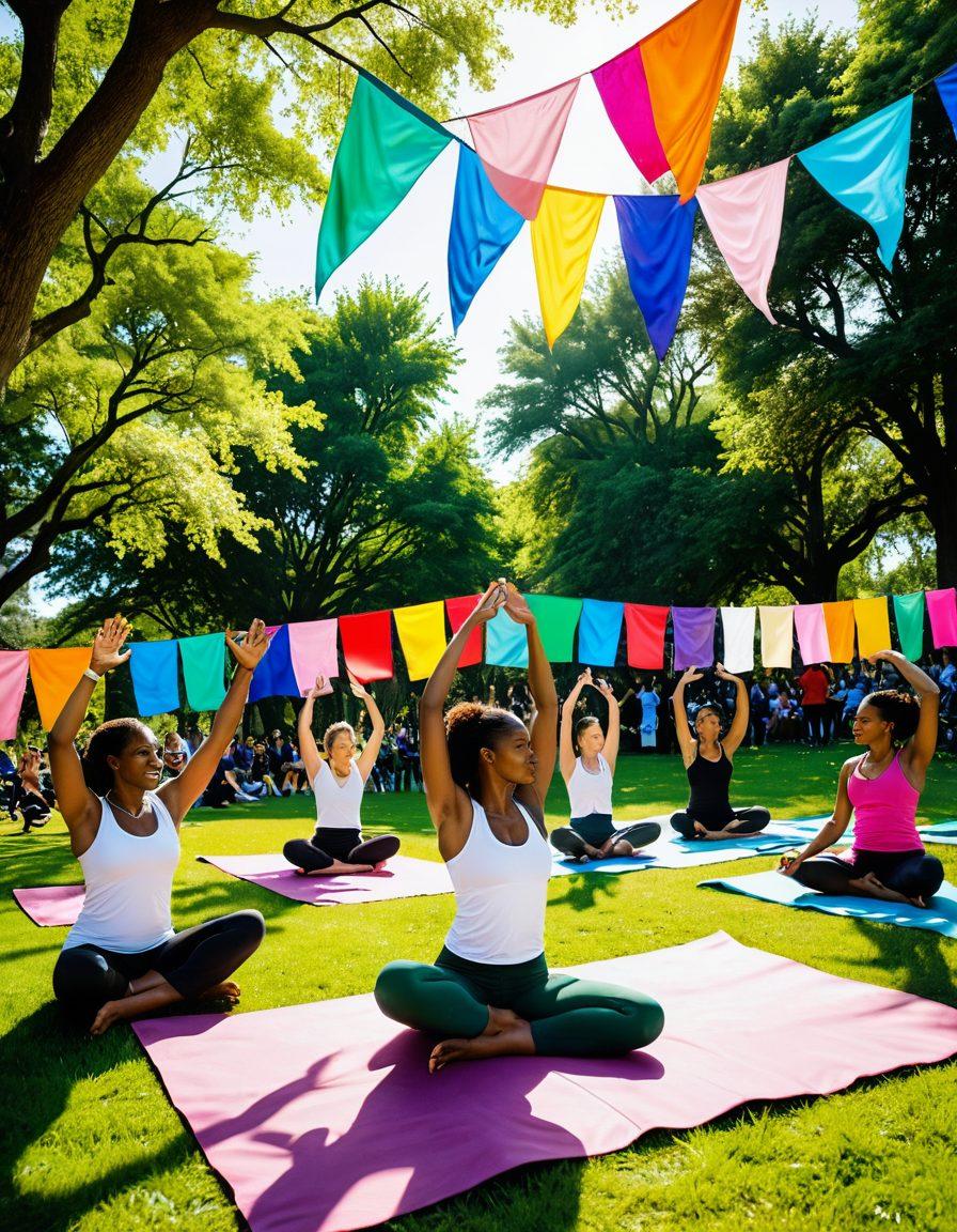 A vibrant celebration scene featuring diverse individuals of different body types and ethnicities, joyfully embracing their sexuality in a colorful, open park setting. Incorporate symbols of empowerment such as flags, flowers, and wellness items like yoga mats and healthy foods, conveying a sense of freedom and community. The atmosphere should be lively, with sunlight filtering through trees and colorful decorations. super-realistic. vibrant colors. white background.