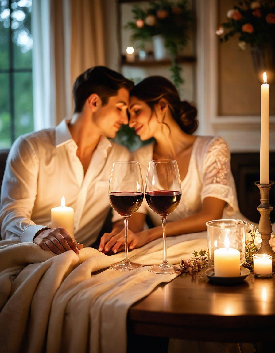 A soft, intimate scene featuring a couple entwined, surrounded by delicate candlelight and plush fabrics that evoke a sense of romance and sensuality. Include subtle elements like wine glasses and decorative flowers to enhance the atmosphere. The background should be a lush, muted color palette to create warmth and depth. dreamy, soft focus. vibrant colors. warm tones.